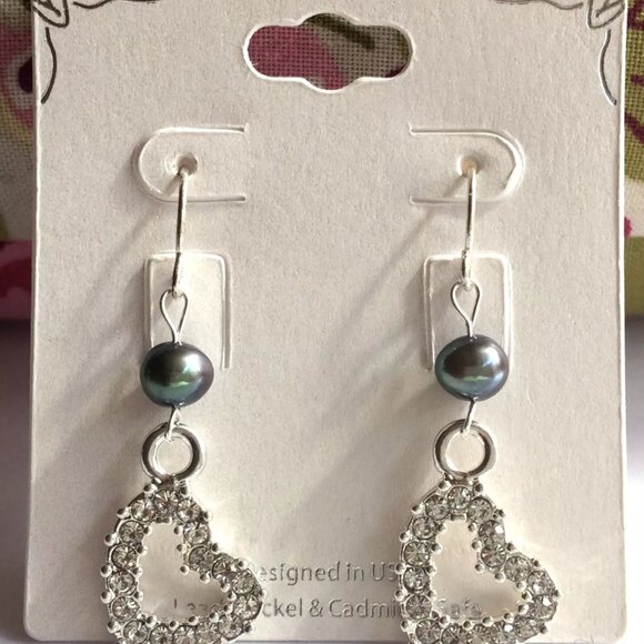 Black Tahitian Pearl Heart Earrings Silver Plated Crystal Dangle Bridal Love - Picture 2 of 11